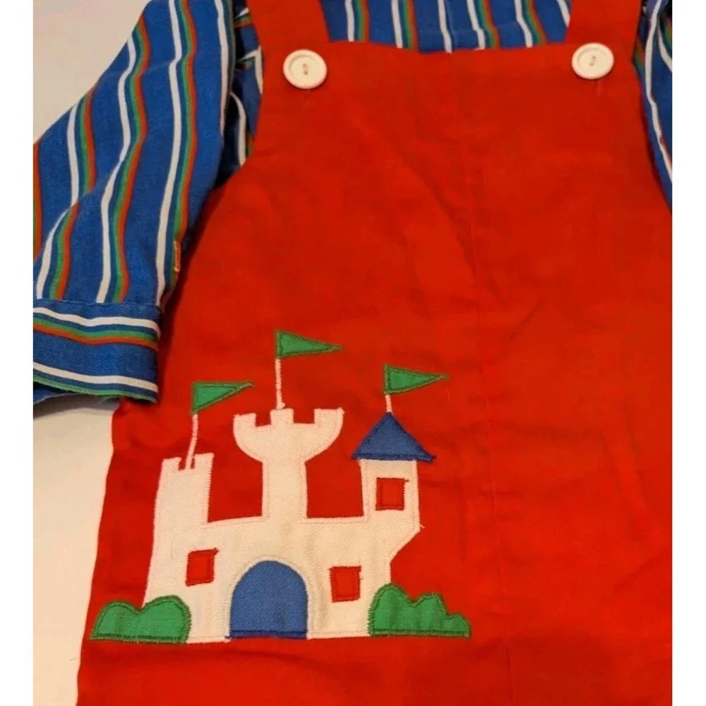 Vintage 2pcs Striped Collared Top & Red Overalls Castle Outfit Size 18-24 Months